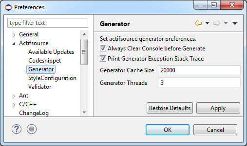 Actifsource 8.0.0 Generator Options